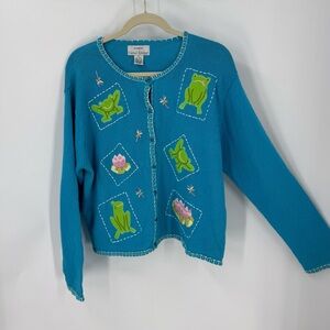 Casual living vintage cotton Cardigan w/ Frog /embroidered Lily pad Flower XL